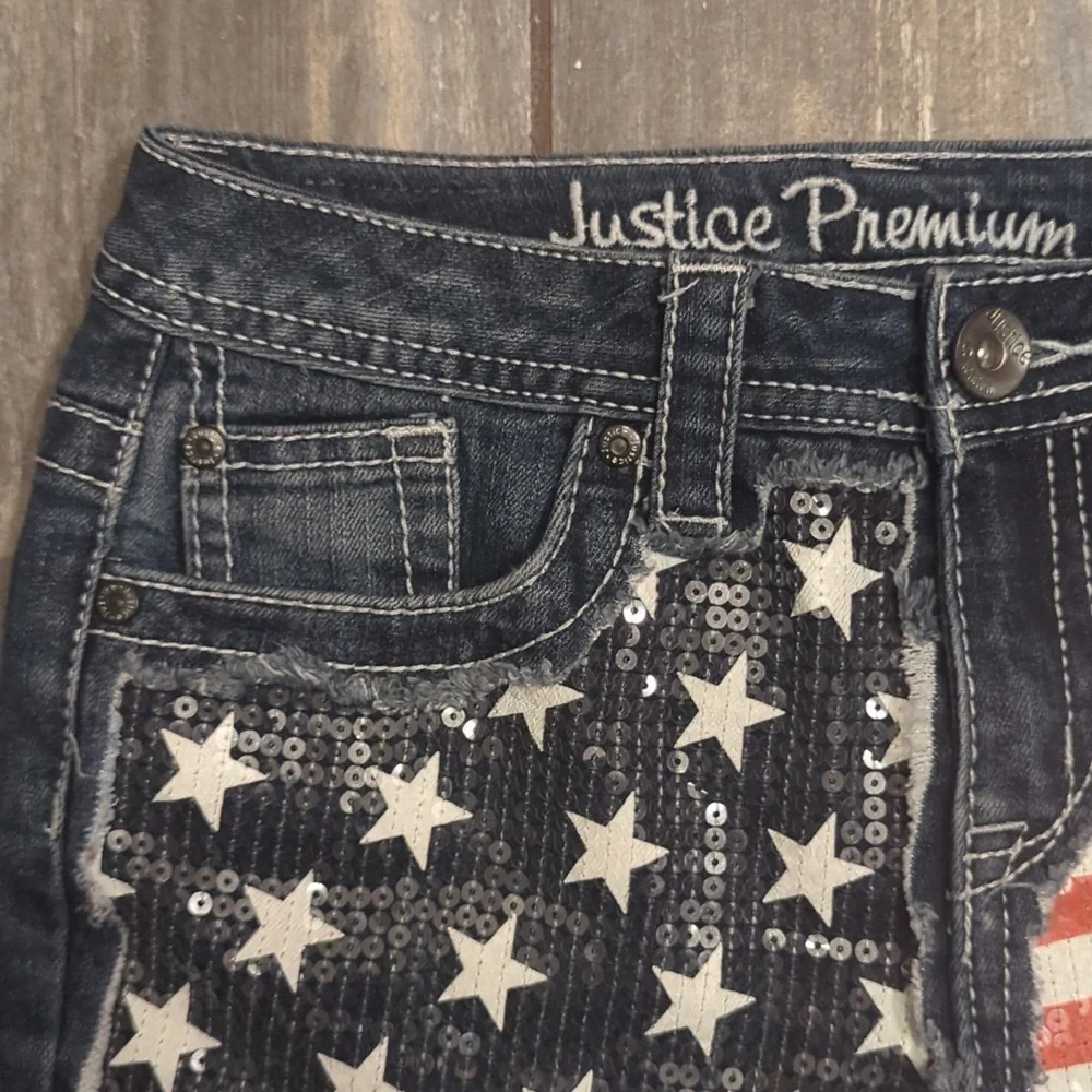 3/$30 JUSTICE Jeans girls sequin USA American Flag patriotic jean shorts sz 12